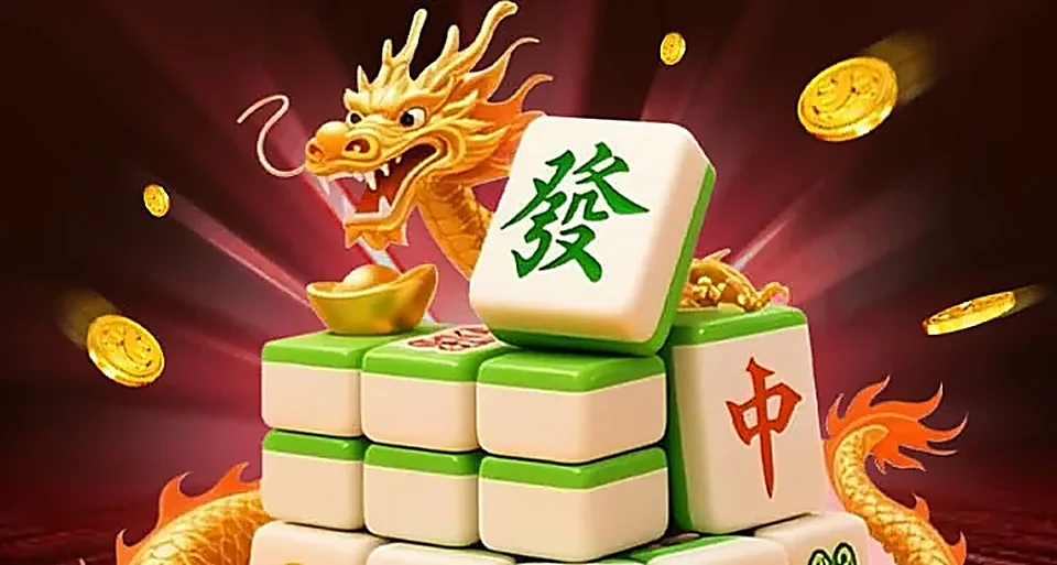 Naga emas HokiWin di antara balok mahjong 發 dan koin emas